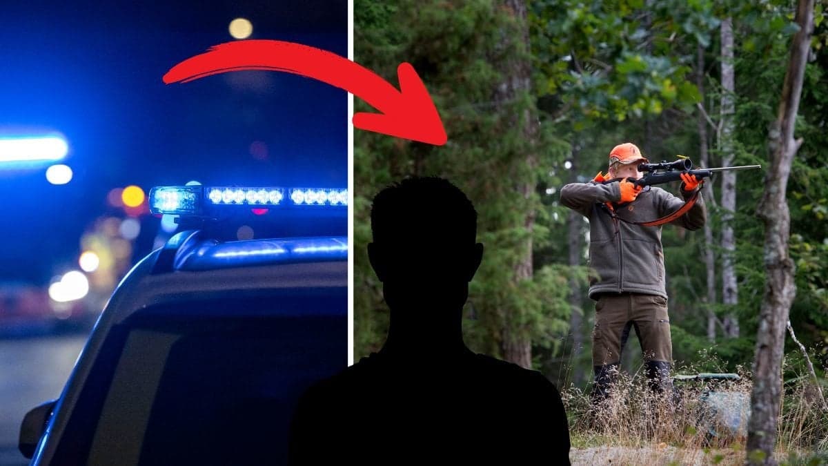 Blåljus vänster. En man med jaktgevär i skogen till höger. Svart siluett av en man i mitten.