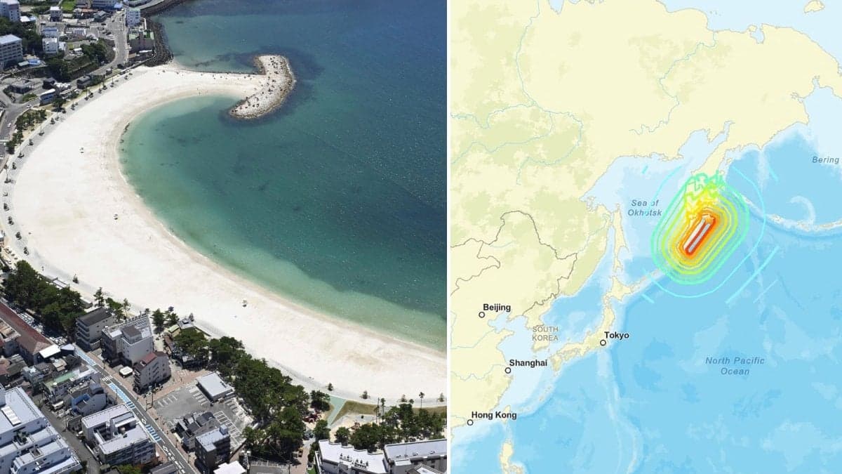 Karta som visar var jordbävningen ägde rum och bild på kust i Japan. 
