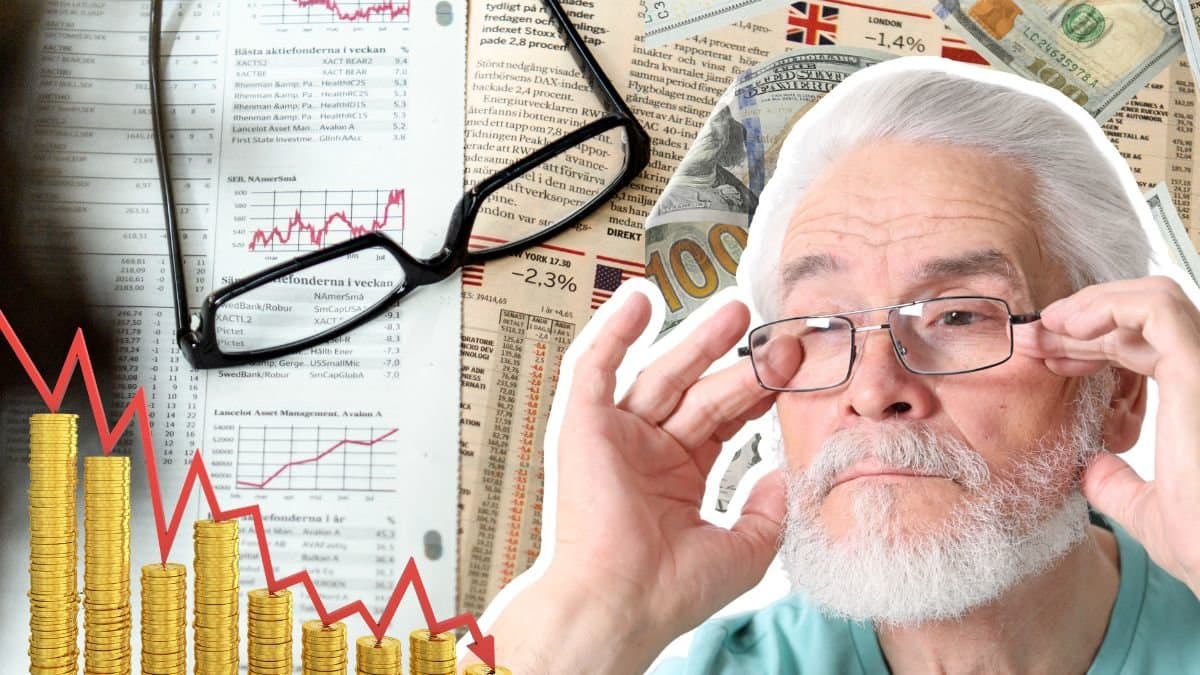 Bakgrunden, tidning med fonder och ett par glasögon som ligger på den. En äldre man med glasögon utklippt höger. Mynthög med nedgående graf vänster.