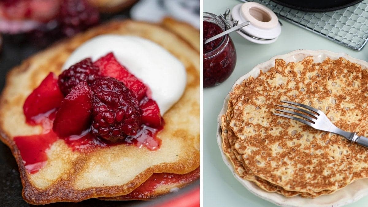 bilder på pannkakor och har bär och grädde på.