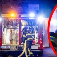 Brandman framför en brandbil vänster. Närbild på en brandman höger.