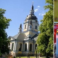 Bilder på en kyrka och gravljus.