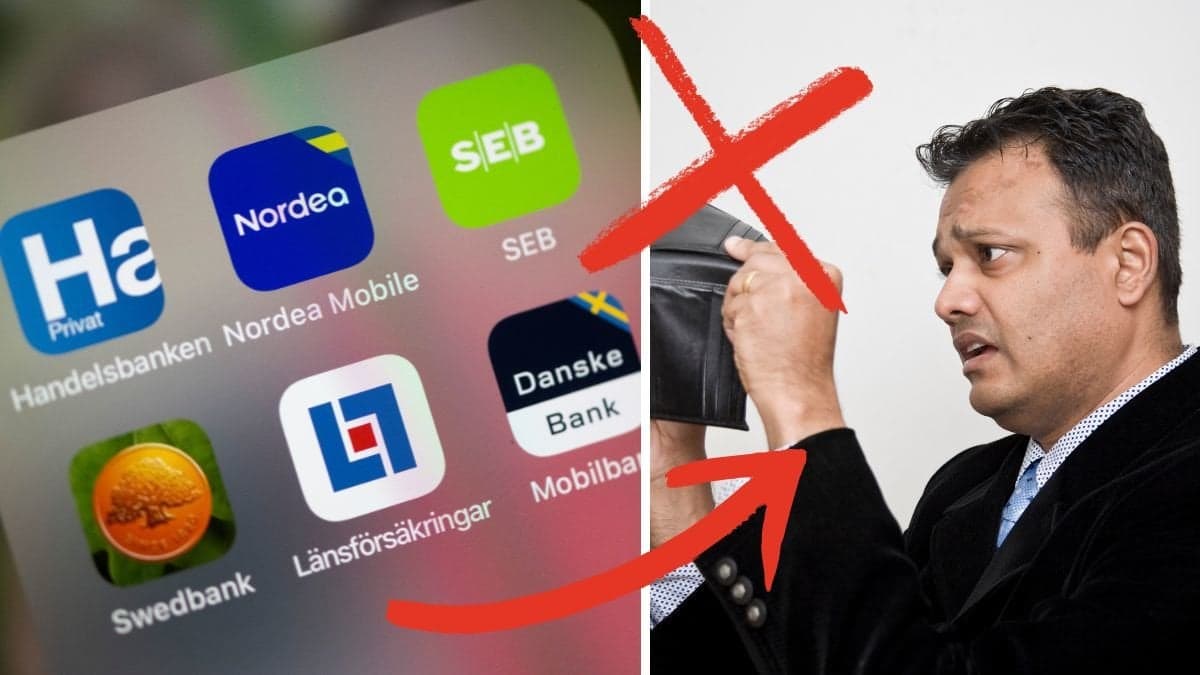 Mobilskärm med olika bankappar till vänster. En man som öppnar en tom plånbok höger.