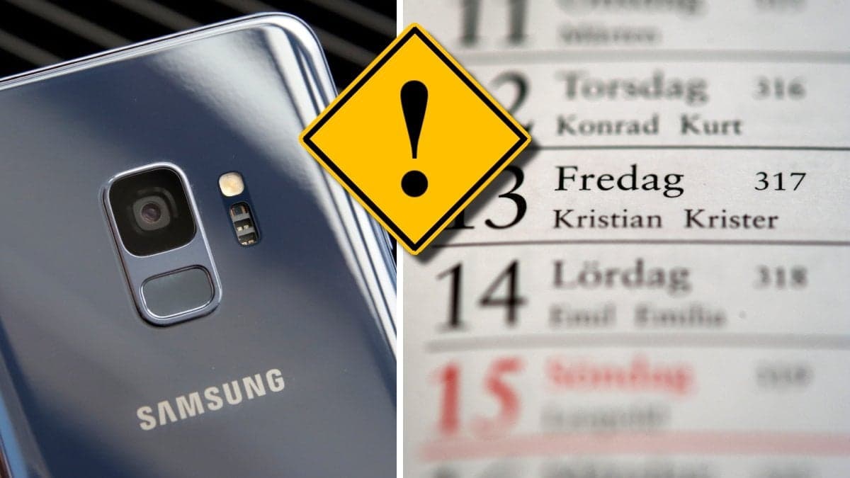 Baksidan på en Samsung-mobil och en kalender som är inzoomad på fredag den 13.