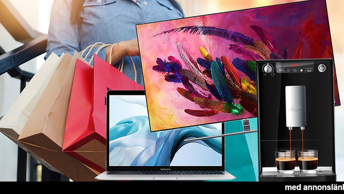 Tv från Samsung, grå mack book air och en espressomaskin på rea under Black Friday