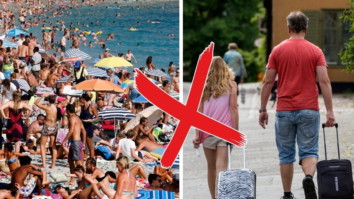 Bilden till vänster visar en strand med mycket människor. Bilden till höger visar två personer bakifrån som går med resväskor.