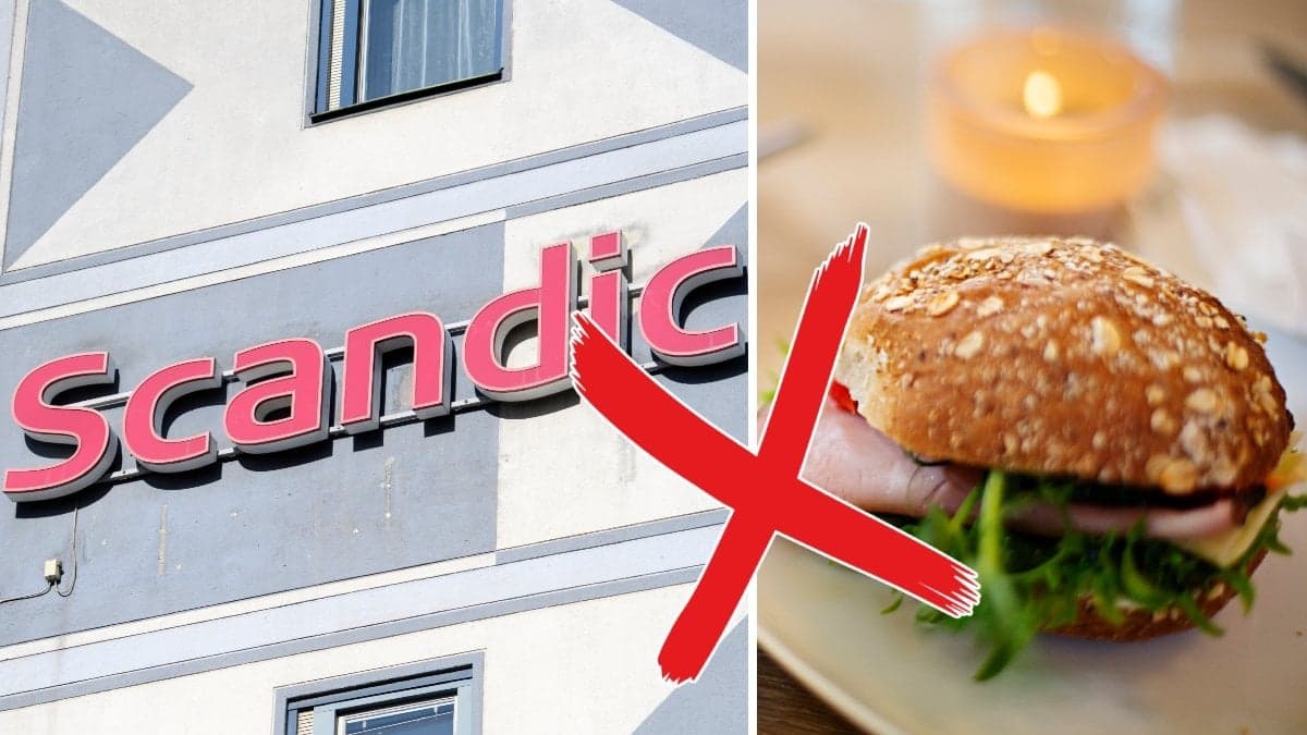 Bilder på en fralla med pålägg och en Scandic-skylt.