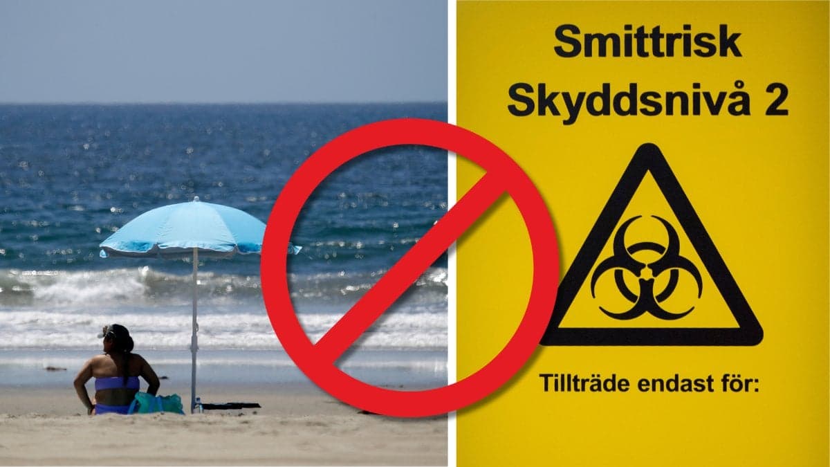Kvinna på strand i USA och smittvarning.