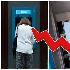 Kvinna vid uttagsautomat och en display där det står Automaten är avstängdmed 