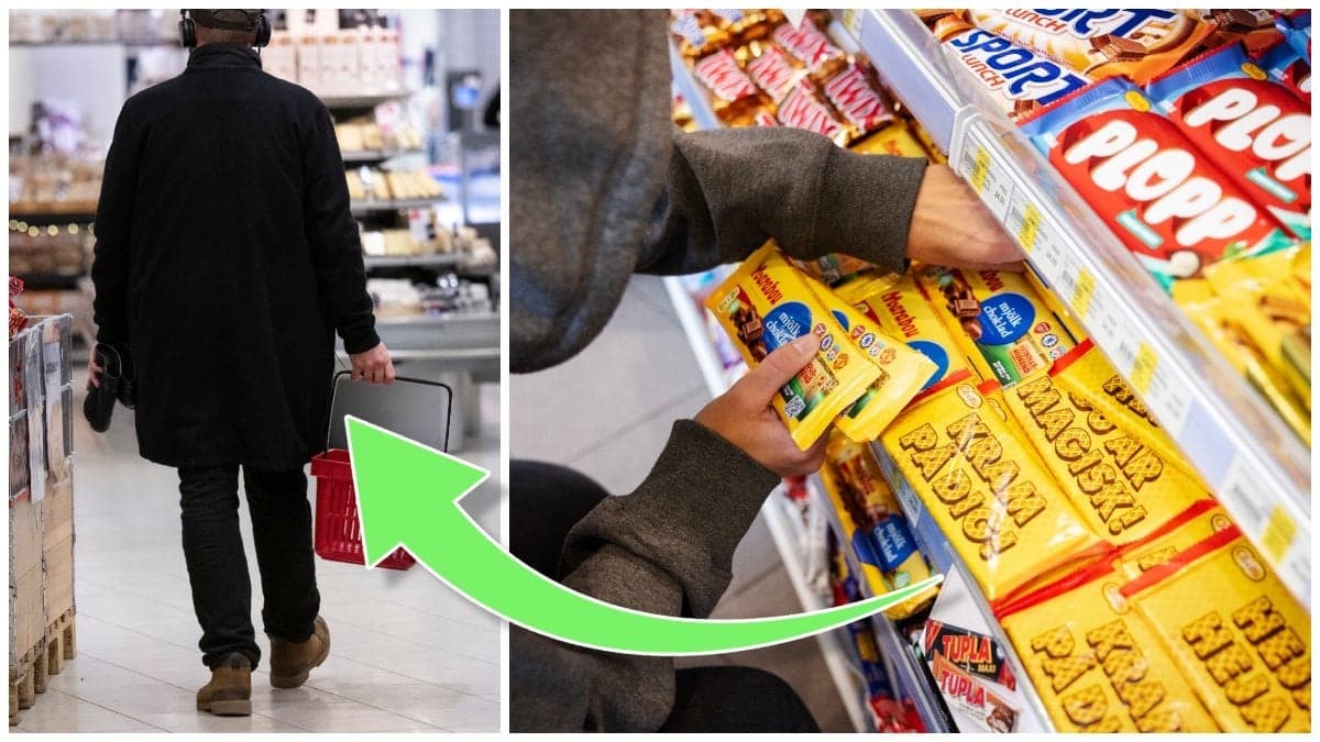 Man i matbutik med kundkorg och en person som plockar på sig choklad