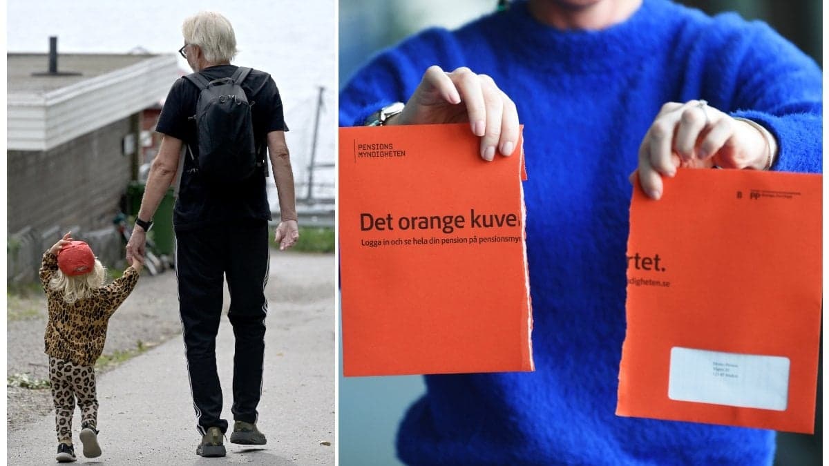 En pensionär går hand i hand med barnbarn och det orange kuvertet.