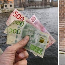 Pengar kontanter och en pensionär som har handlat mat i en butik.