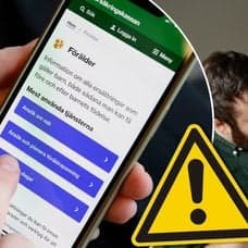 Försäkringskassans app, familj och en varningstriangel.