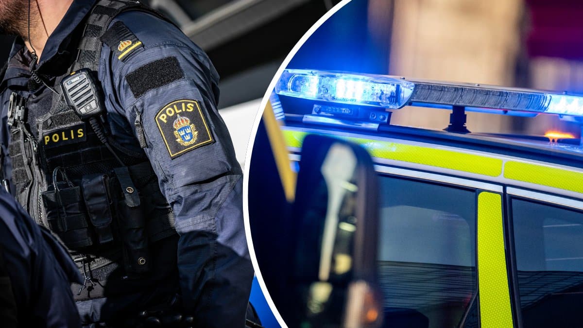 Polis vänster. blåljus från polisbil höger.