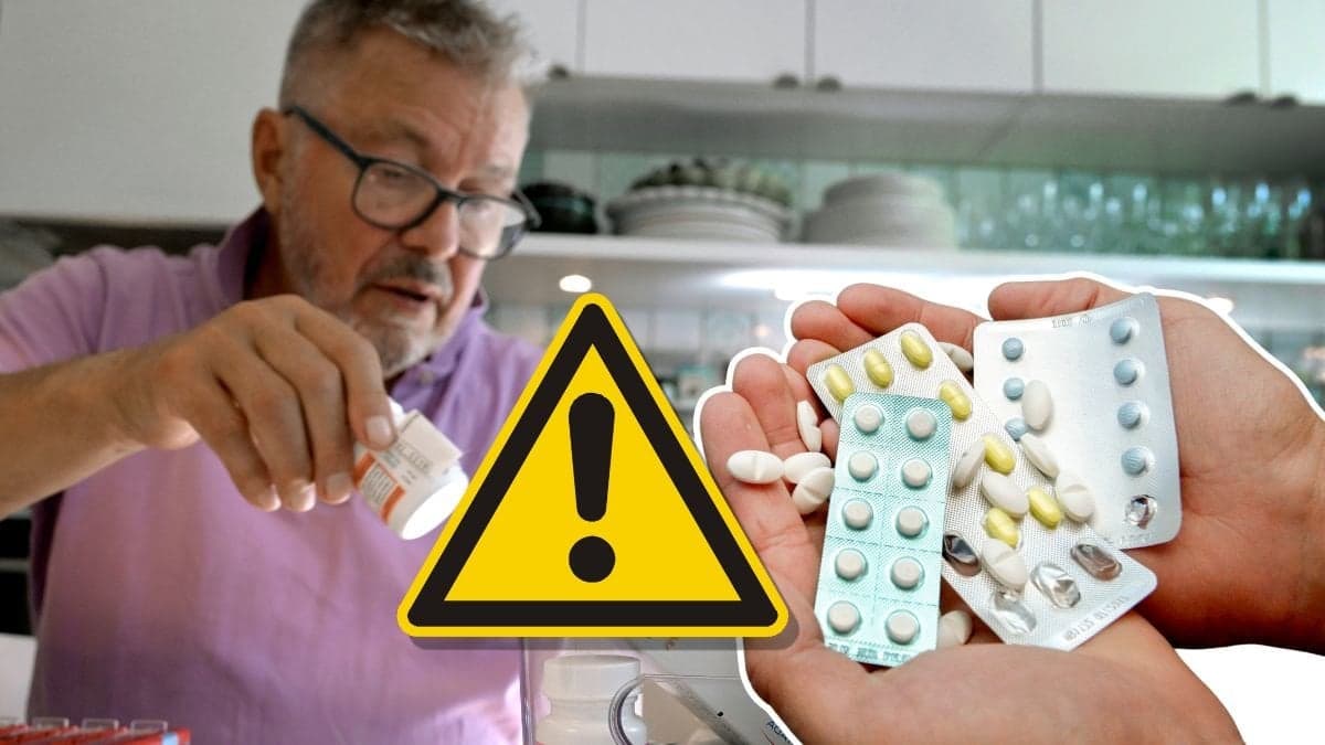 Man som doserar medicin och händer med tablettkartor 