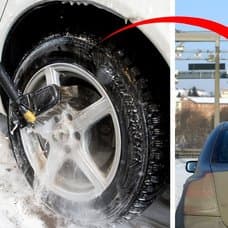 Bild på en smutsig bil och ett däck som rengörs.