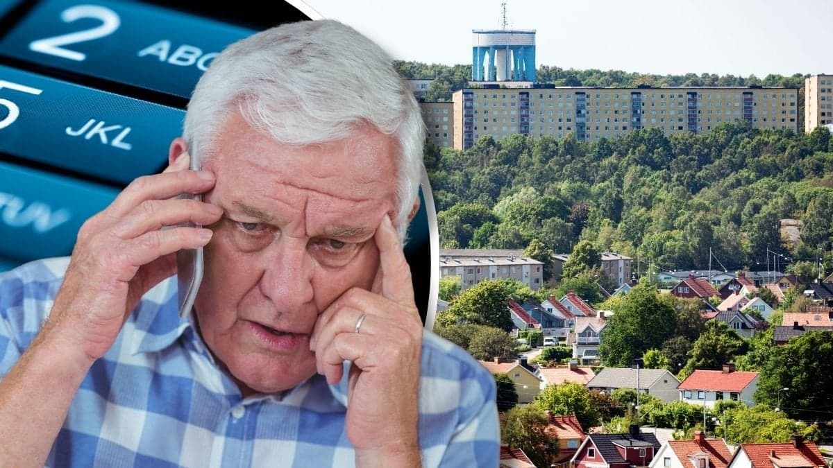 Äldre man som pratar i telefon och bostadsområde i Göteborg