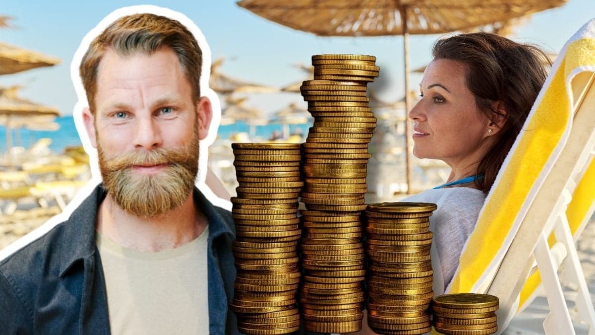 Magnus Hjelmér, kvinna på solstol och mynt staplade på hög