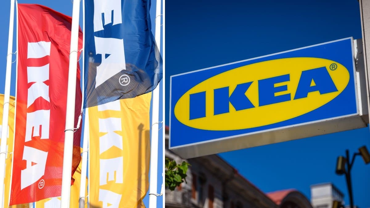 Ikea-skylt och Ikea-flaggor.