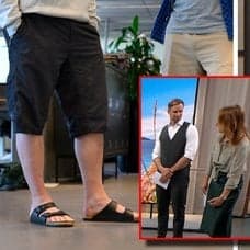Två män i shorts i ett kontorslandskap och Maria Forsblom i Nyhetsmorgon.