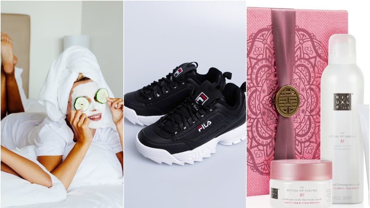 Tjej med ansiktsmask, sneakers från Fila, hudvård från Rituals