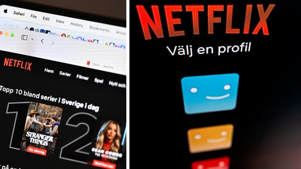 Netflix på en datorskärm vänster. Inloggningsidan Netflix höger.