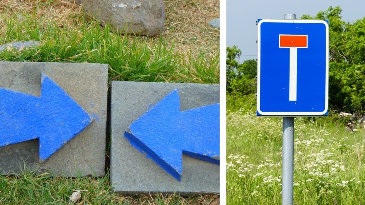 Två pilar som möts. En återvändsväg-skylt.