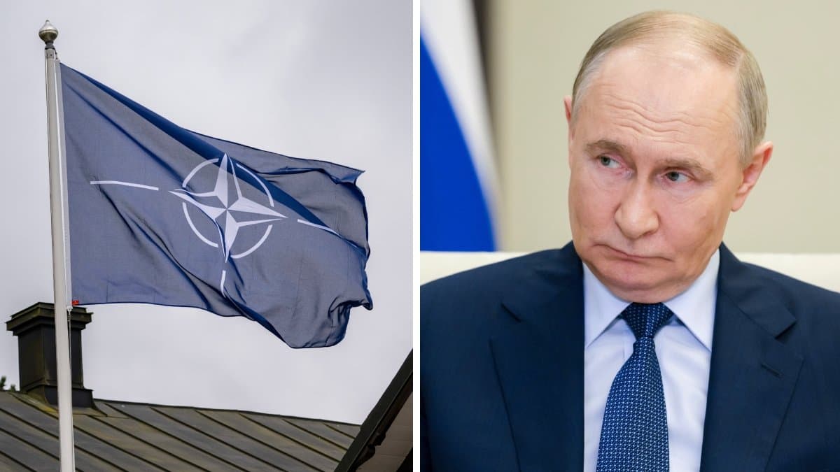 Bilden till vänster visar Natos flagga. Bilden till höger visar Rysslands president Vladimir Putin.