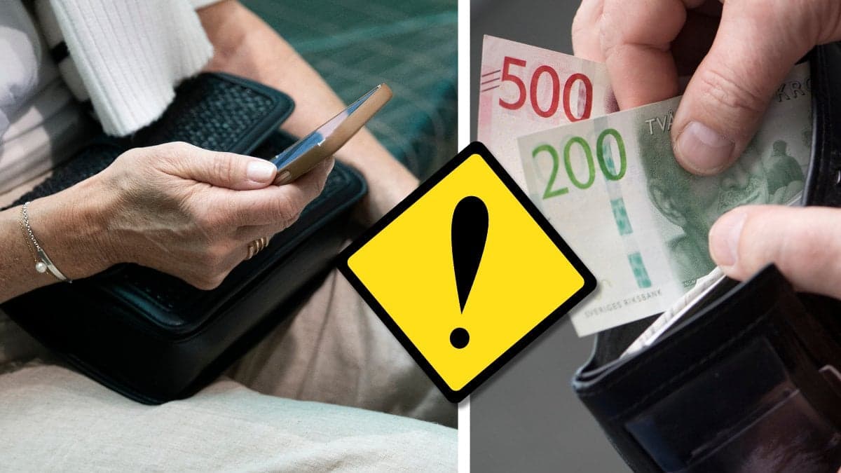 Äldre dam håller på med mobilen och svenska kontanter.