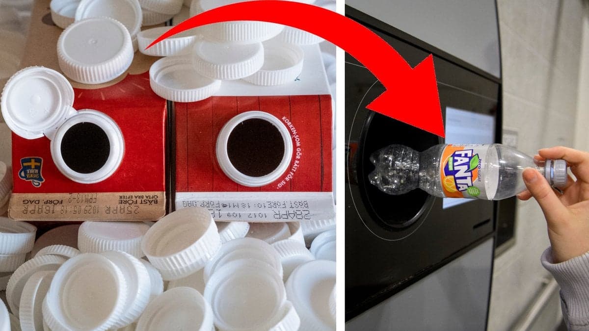 Bild på mjölkförpackningar med korkar, och en som pantar