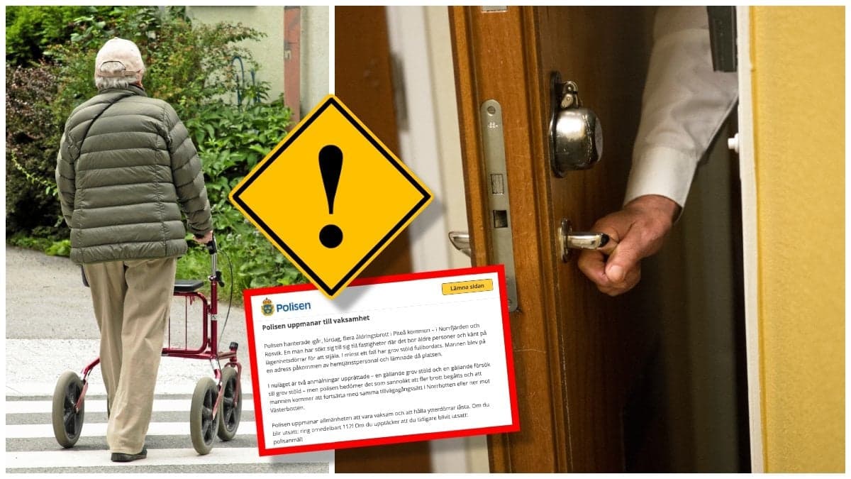 Äldre kvinna med rullator och en person som öppnar en ytterdörr