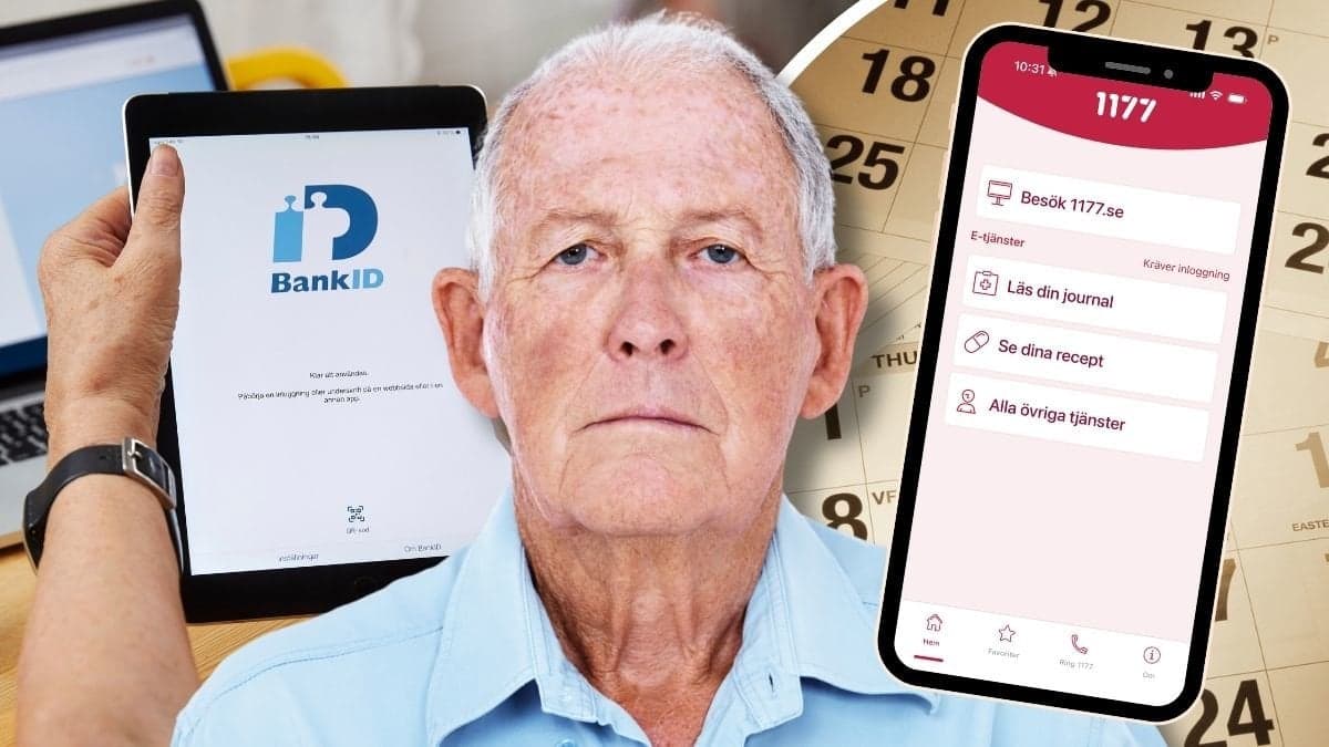 BankID-appen, en äldre man och en mobiltelefon i 1177-appen