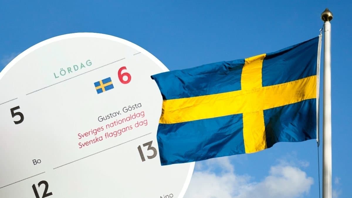 Kalender som visar nationaldagen den 6 juni på en lördag och en Sverige-flagga
