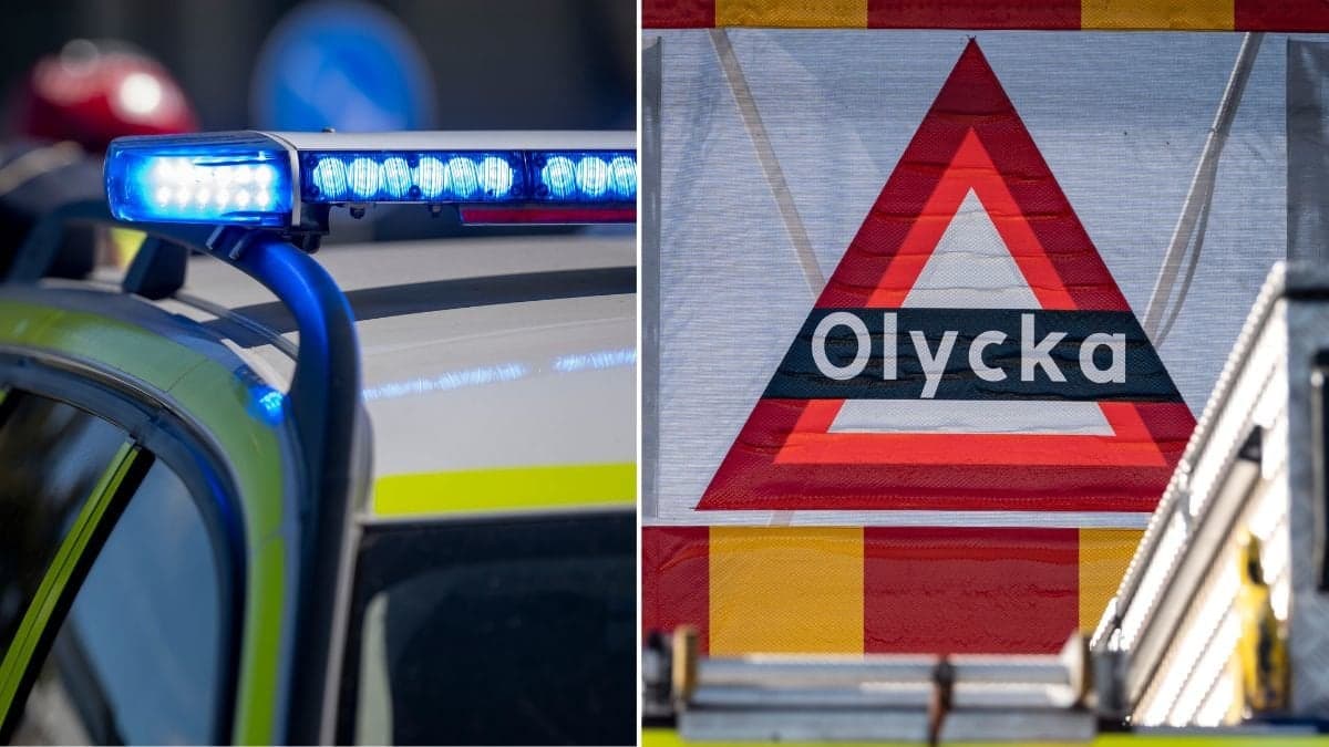 Polisbil och trafikolycka skylt. 