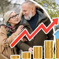 Äldre par vänster. Hus höger. Mynthögar med uppgående graf utklippt till vänster.