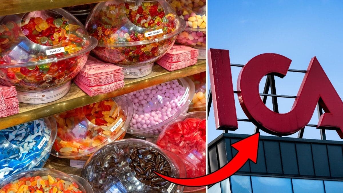 Bilder på lösviktsgodis och en Ica-skylt.