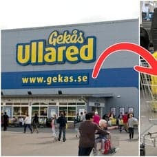 Varuhuset Ullared utifrån och en bild på en kundvagn fylld av gula Gekas-kassar.