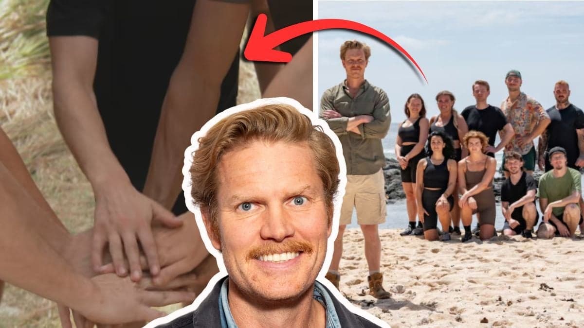 Händer som håller varandra till vänster. Utklippt bild på Martin Järborg i mitten. Pressbild på Robinson 2025 till höger. Deltagarna bakom Martin Järborg. 