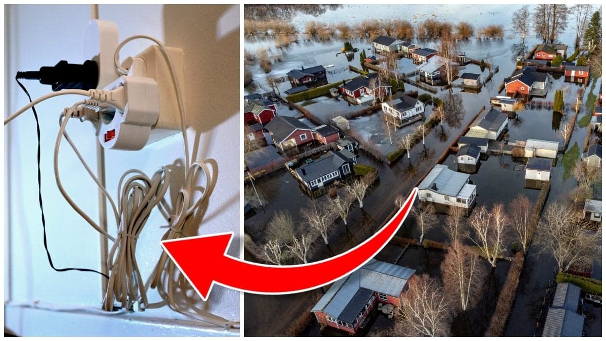 Stickkontakter i ett eluttag och översvämning bland stugor