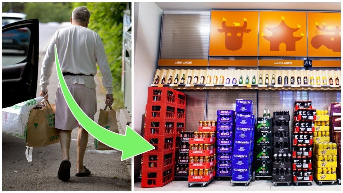 Man med påsar med återvinning och backar på Systembolaget