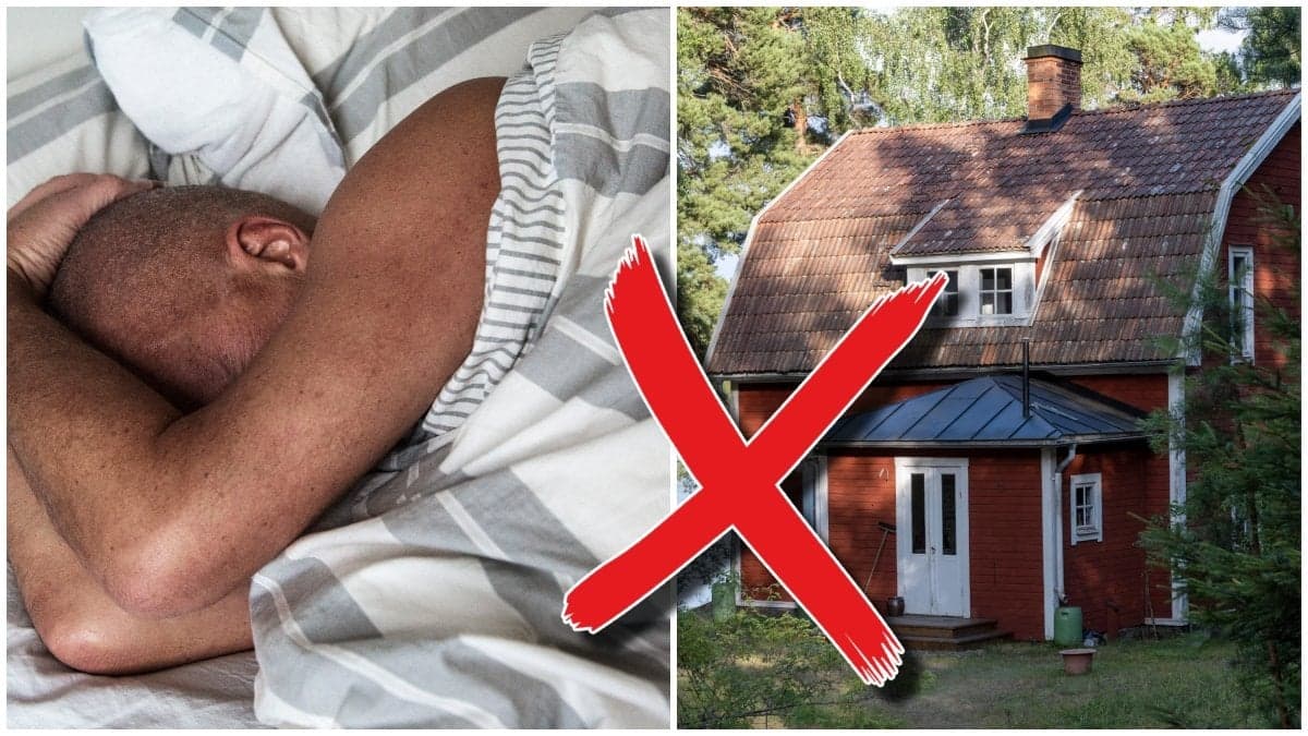 Man sover och röd stuga.