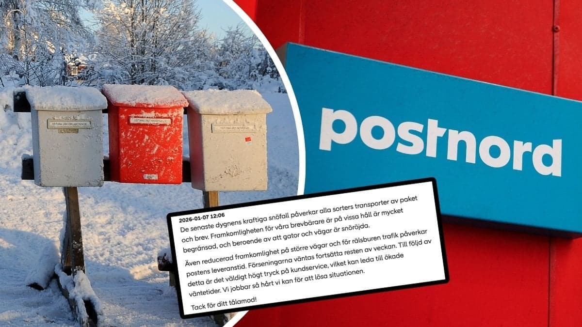 Postlådor i snölandskap och Postnord-skylt på fasad