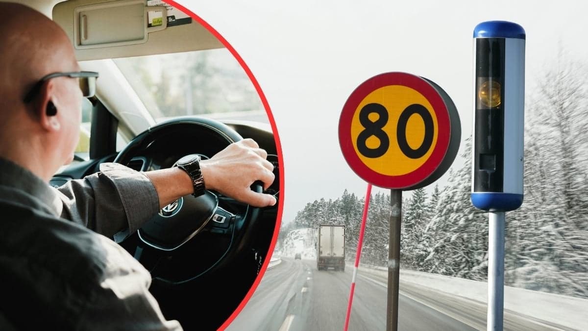 80-skylt, fortkörningskamera, vinterväg