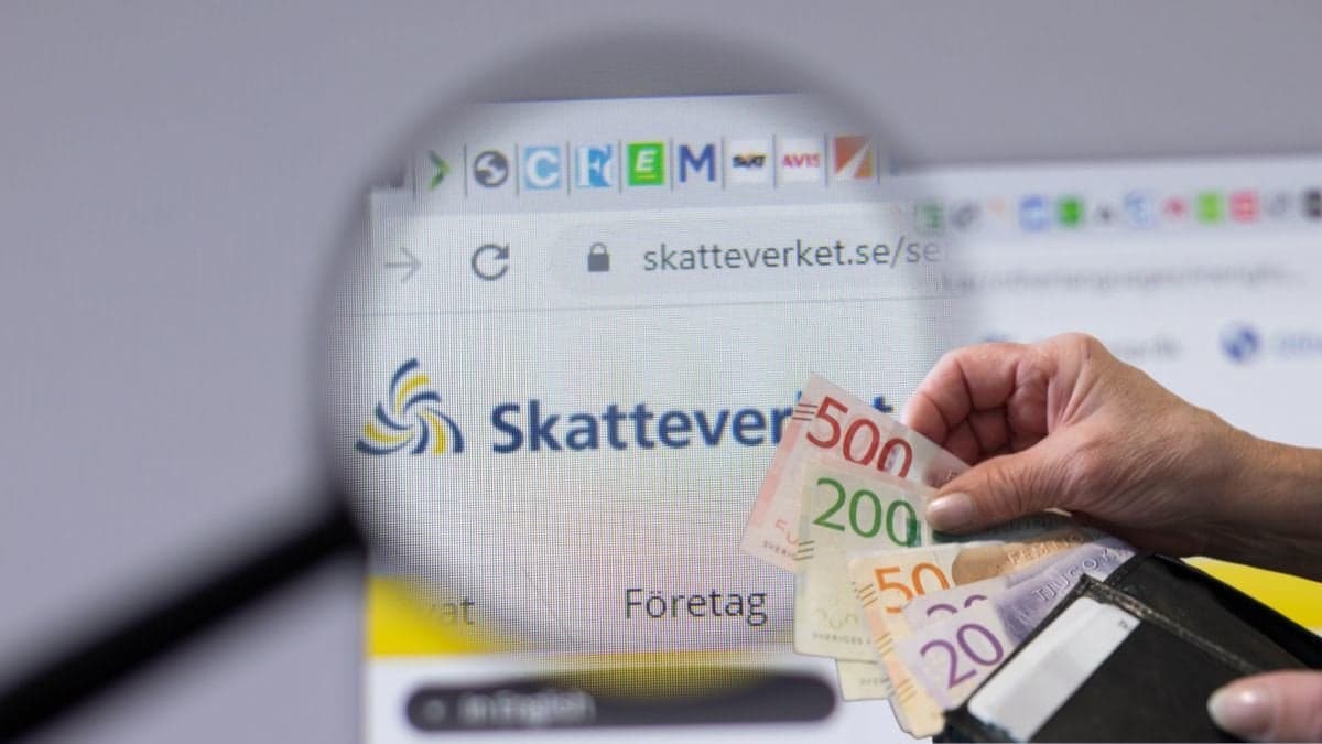 Skatteverkets hemsida, pengar i en plånbok.