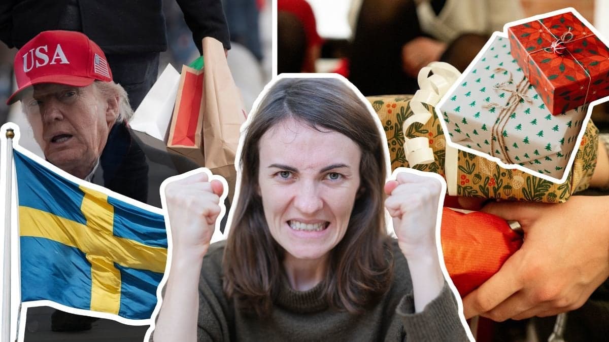 En bild på en som håller i kassar till vänster. Overlay är en bild på Donald Trump med en röd USA keps på sig. Bilder på julklappar till höger. Utklippt kvinna i mitten med händerna uppe och knutna med ett argsint ansiktsuttryck. En utklippt Sverige-flagga till nedersta vänstra hörnet. Utklippta julklappar högst upp i högra hörnet.