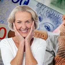 Pengar, en glad kvinna och ett äldre par som håller om varandra.