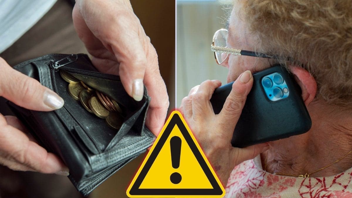 Plånbok, kvinna med telefon och varningstriangel.