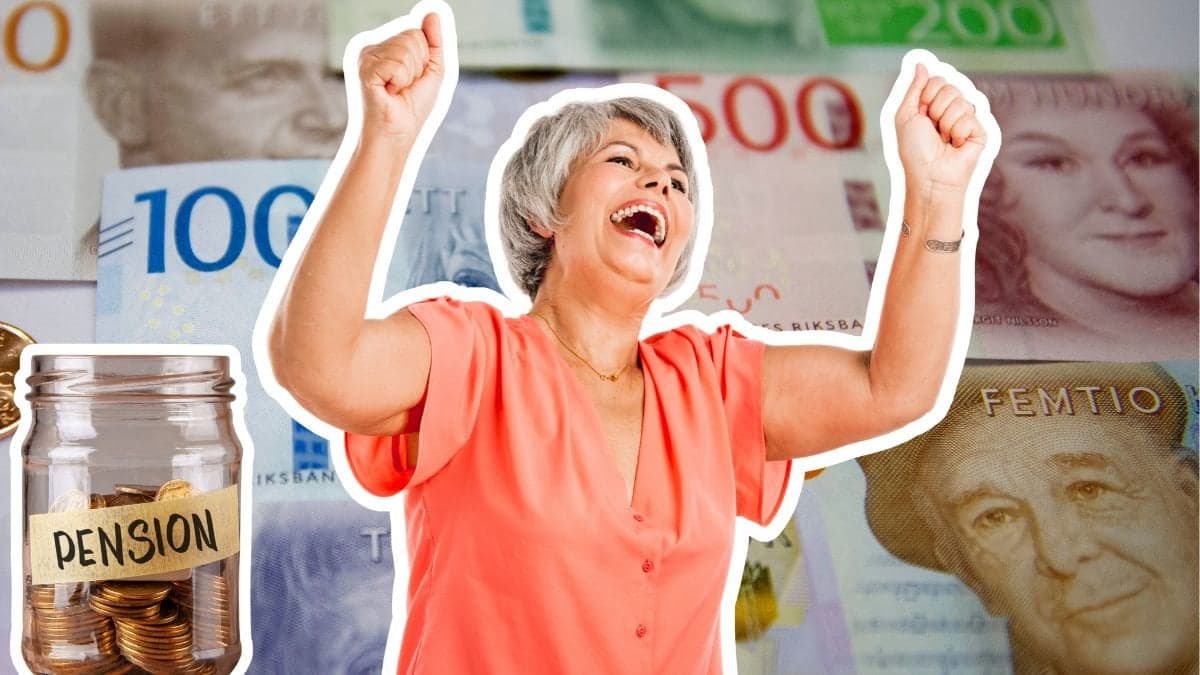Burk med sparpengar till pensionen, sedlar och glad kvinna med uppsträckta armar.