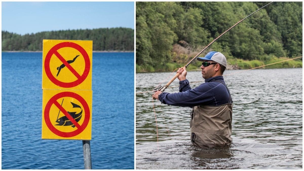 Fiskeförbud och en man som fiskar.