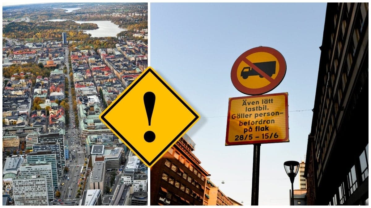 Sveavägen i Stockholm från ovan och en skylt om förbud mot studentflak
